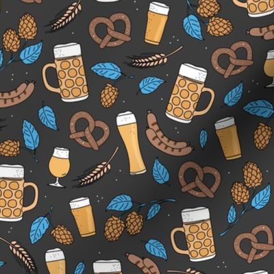 Bavarian blue beer glasses sausages and pretzels traditional german food and drinks oktoberfest theme yellow blue on charcoal gray