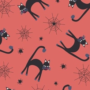 Large scale Charcoal grey and watermelon pink halloween pattern featuring scaredy spooky cats_ cute smiley spiders and ethereal spiderwebs - for kids apparel_ kids halloween costumes_ halloween crafts_ thanksgiving projects.