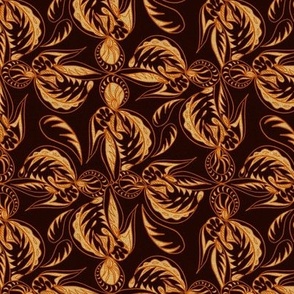 Boho Brocade effect leaves in grid, dark brown and gold small