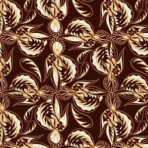 Brocade effect handdrawn gold and cream botanical leaves in geometric repeat small 6” repeat on brown