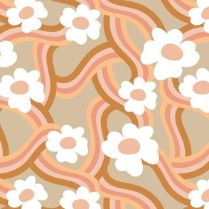 Groovy swirls and flowers seventies retro rainbow wallpaper orange beige tan blush vintage palette 