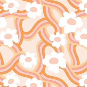 Groovy swirls and flowers seventies retro rainbow wallpaper orange pink blush on cream vintage palette 