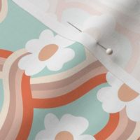 Groovy swirls and flowers seventies retro rainbow wallpaper teal beige tan orange vintage palette 