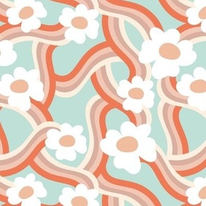 Groovy swirls and flowers seventies retro rainbow wallpaper teal beige tan orange vintage palette 