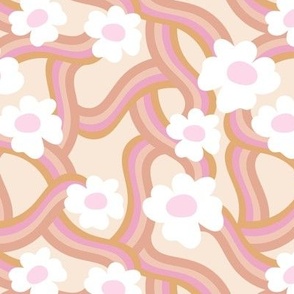 Groovy swirls and flowers seventies retro rainbow wallpaper cream pink brown vintage palette 