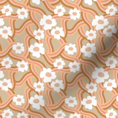 Groovy swirls and flowers seventies retro rainbow wallpaper orange pink blush on cream vintage palette SMALL