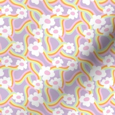 Groovy swirls and flowers seventies retro rainbow wallpaper pink lilac mint yellow nineties palette SMALL