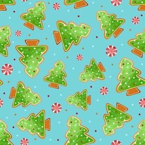 Large Scale Green Frosted Christmas Tree Cookies Gingerbread Land on Lagoon Blue