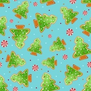 Medium Scale Green Frosted Christmas Tree Cookies Gingerbread Land on Lagoon Blue