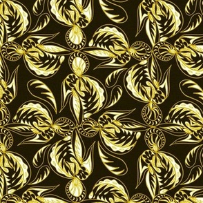 Gold, black and cream leaves on brocade effect 6” repeat