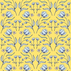 Blue floral damask on yellow