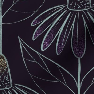 Echinacea coneflower outline handdrawn Geometric. Boho summer wallpaper. Dark blue and holographic shades