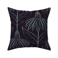 Echinacea coneflower outline handdrawn Geometric. Boho summer wallpaper. Dark blue and holographic shades