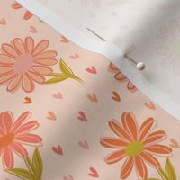 Retro Pink and Orange Flowers and Hearts {on Pale Peach Blush}