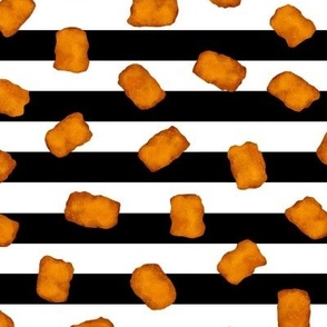 tater tots on black and white stripes 