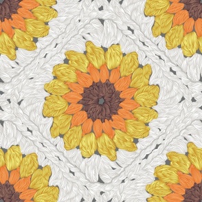 Normal scale // Sunflower granny squares // beige background yellow orange and brown crochet flowers