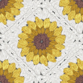 Normal scale // Sunflower granny squares // beige background yellow and brown crochet flowers