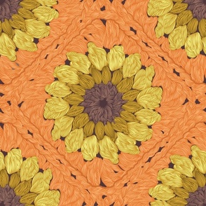 Normal scale // Sunflower granny squares // orange background yellow and brown crochet flowers