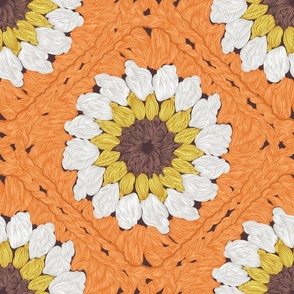 Normal scale // Sunflower granny squares // orange background yellow brown and white crochet daisy flowers