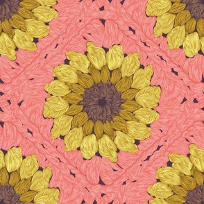 Normal scale // Sunflower granny squares // coral background yellow and brown crochet flowers