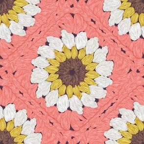 Normal scale // Sunflower granny squares // coral background yellow brown and white crochet daisy flowers