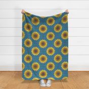 Sunflower granny squares // normal scale // blue background yellow and brown crochet flowers