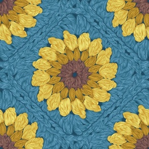 Sunflower granny squares // normal scale // blue background yellow and brown crochet flowers