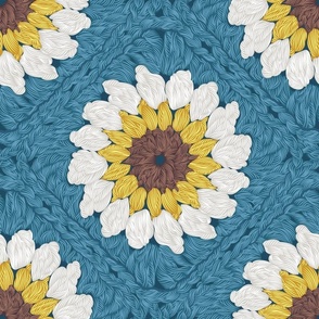Normal scale // Sunflower granny squares // blue background yellow brown and white crochet daisy flowers