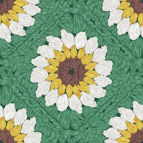 Normal scale // Sunflower granny squares // green background yellow brown and white crochet daisy flowers