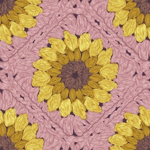 Normal scale // Sunflower granny squares // blush pink background yellow and brown crochet flowers