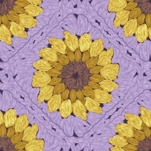 Normal scale // Sunflower granny squares // violet background yellow and brown crochet flowers