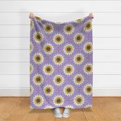 Normal scale // Sunflower granny squares // violet background yellow brown and white crochet daisy flowers