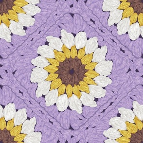 Normal scale // Sunflower granny squares // violet background yellow brown and white crochet daisy flowers