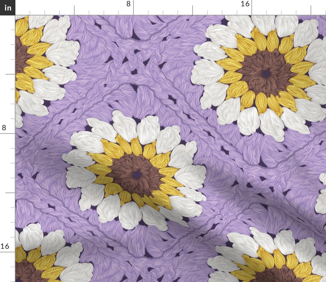 Normal scale // Sunflower granny squares // violet background yellow brown and white crochet daisy flowers