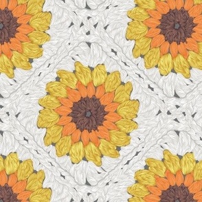 Small scale // Sunflower granny squares // beige background yellow orange and brown crochet flowers