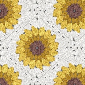 Small scale // Sunflower granny squares // beige background yellow and brown crochet flowers