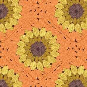 Small scale // Sunflower granny squares // orange background yellow and brown crochet flowers