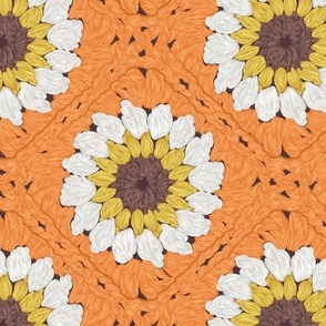 Small scale // Sunflower granny squares // orange background yellow brown and white crochet daisy flowers