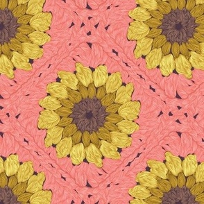 Small scale // Sunflower granny squares // coral background yellow and brown crochet flowers