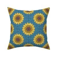 Small scale // Sunflower granny squares // blue background yellow and brown crochet flowers