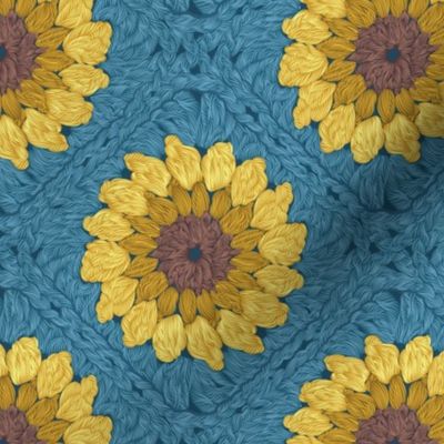 Small scale // Sunflower granny squares // blue background yellow and brown crochet flowers