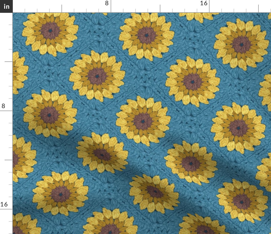 Small scale // Sunflower granny squares // blue background yellow and brown crochet flowers