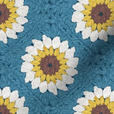 Small scale // Sunflower granny squares // blue background yellow brown and white crochet daisy flowers