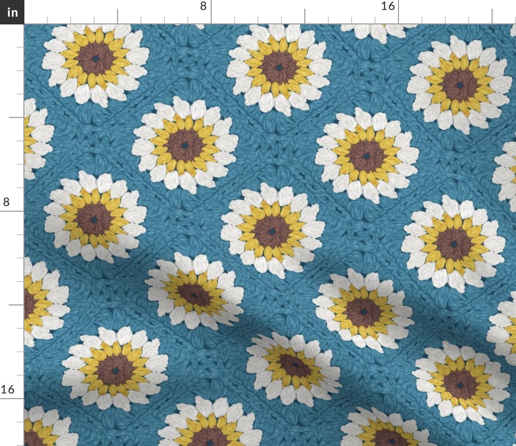 Small scale // Sunflower granny squares // blue background yellow brown and white crochet daisy flowers