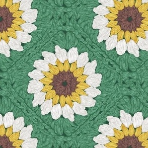 Small scale // Sunflower granny squares // green background yellow brown and white crochet daisy flowers