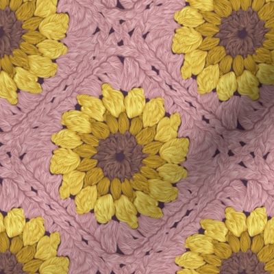 Small scale // Sunflower granny squares // blush pink background yellow and brown crochet flowers