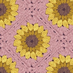 Small scale // Sunflower granny squares // blush pink background yellow and brown crochet flowers