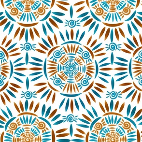 Bohemian Mandala Crochet Pattern - Boho Medallion - Ancient Ethnic Ornament Obereg - Folk Magic Shamanic Tribal Mood - Deep Cyan Blue Dark Sea Shade - Medium Ochre Orange Brown - Middle