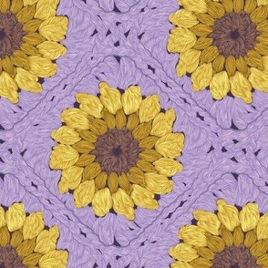 Small scale // Sunflower granny squares // violet background yellow and brown crochet flowers