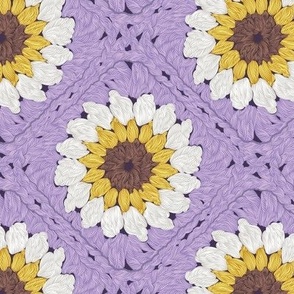 Small scale // Sunflower granny squares // violet background yellow brown and white crochet daisy flowers